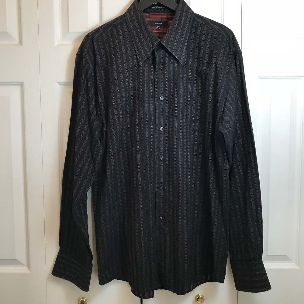 MBX Mens Navy Orange Striped Dress Shirt 17-17.5